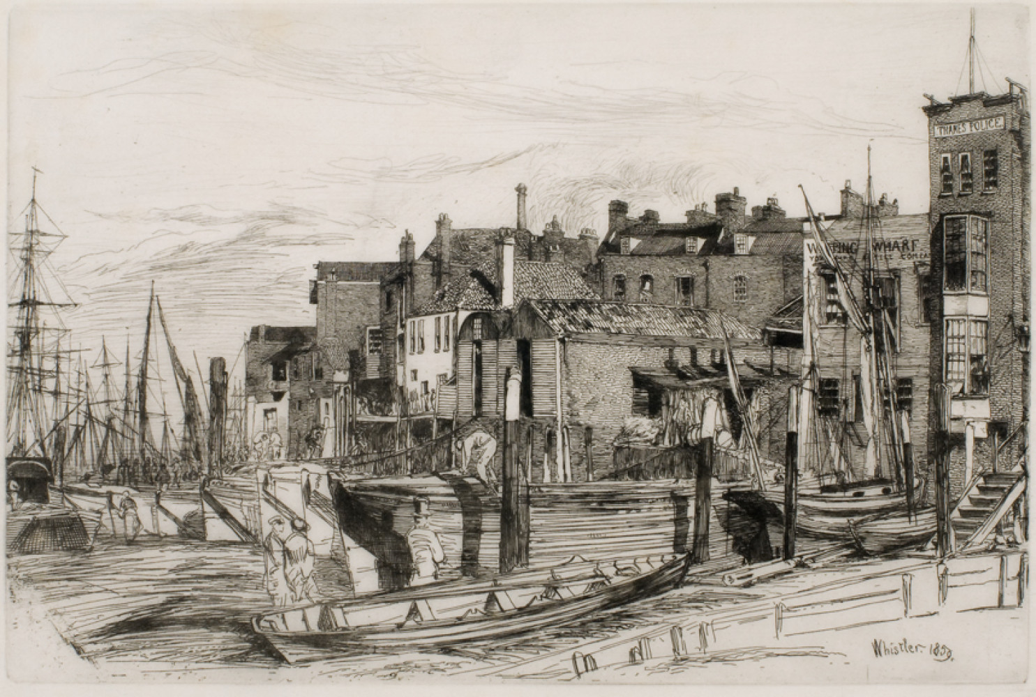 Thames Police, 1859, by James McNeill Whistler (American, 1834-1903); etching on paper; 6 x 8 7/8 inches; Gift of Dr. and Mrs. (Caroline) Anton Vreede; 2004.004.0006