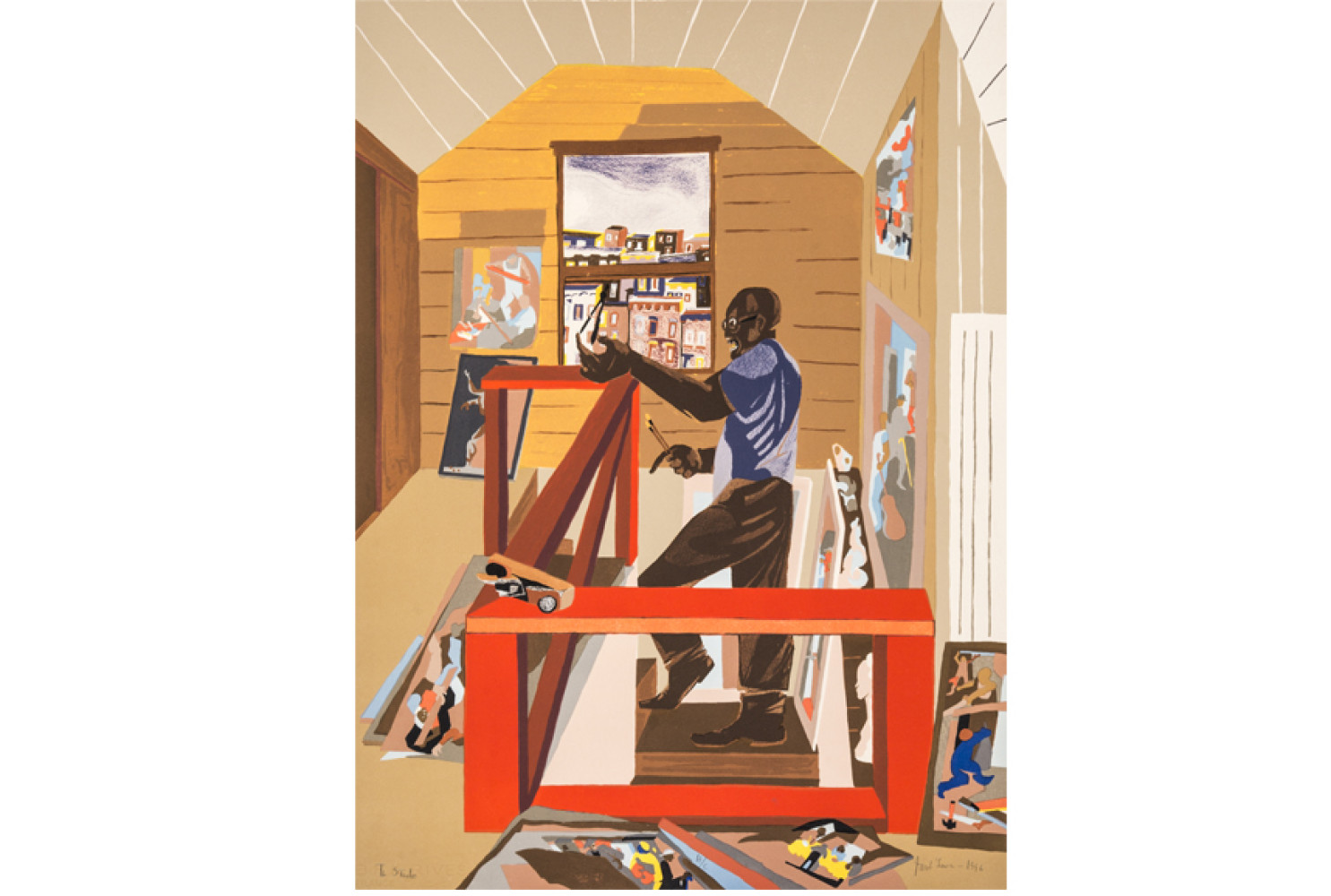 The Studio, 1996, by Jacob Lawrence (1917-2000); lithograph on paper; 30 x 22 1/8 inches; Courtesy of  The Jacob and Gwendolyn Knight Lawrence Foundation, Seattle © 2015 Artists Rights Society (ARS), New York
