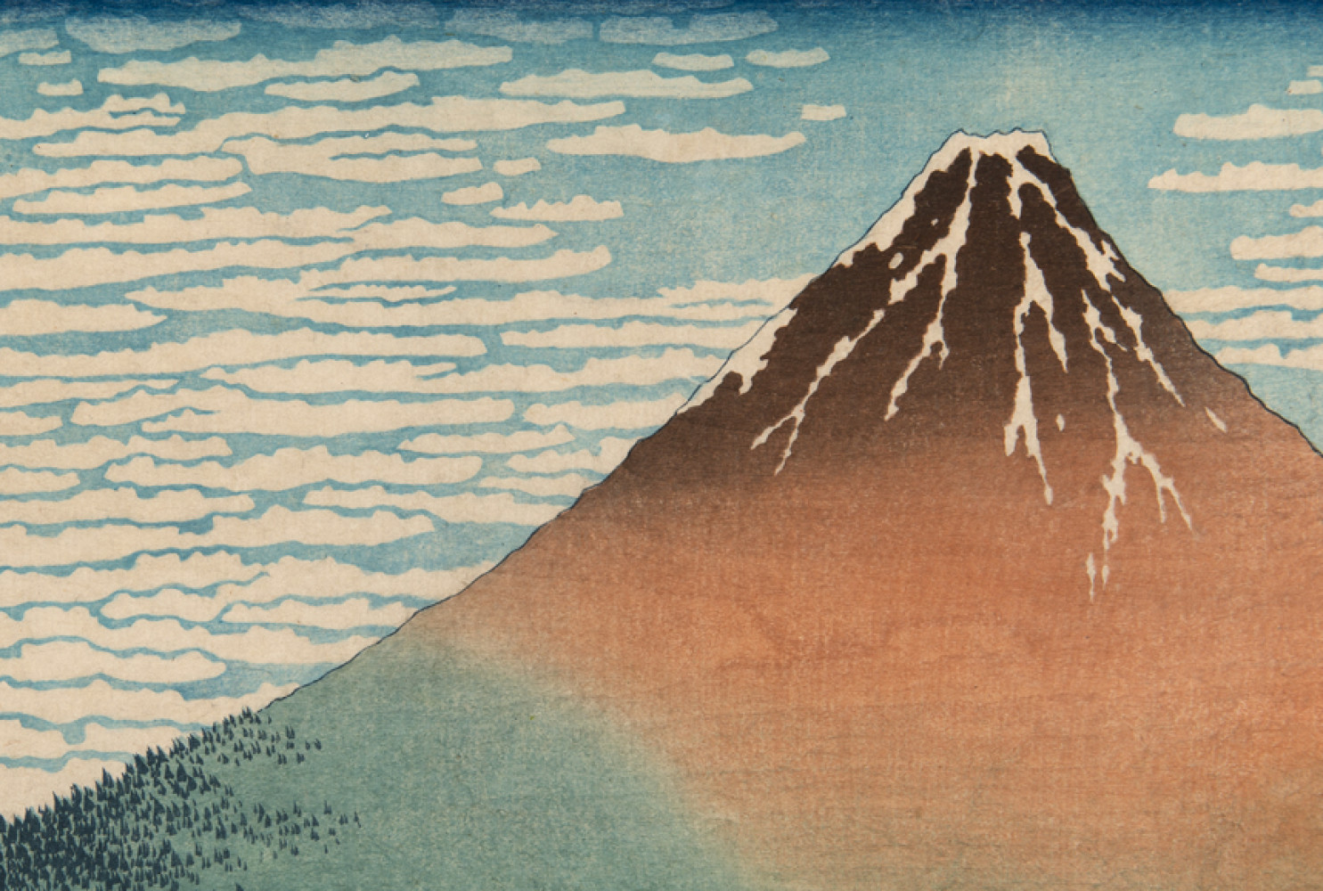 KATSUSHIKA HOKUSAI (1760—1849) 
South Wind, Clear Dawn (Red Fuji) from the series Thirty-six Views of Fuji, ca. 1831—33. Color woodblock print, 10 1/8 x 15 inches. 
