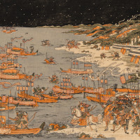 UTAGAWA TOYOHARU (1735—1814) The Battle of Yashima Dan-no-ura from the series Perspective Pictures of Japanese Scenes, ca. 1775. Color woodblock print, 10 1/4 x 15 5/8 inches. 