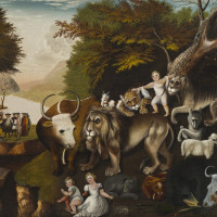 The Peaceable Kingdom with the Leopard of Serenity, 1835—1840, Attributed to Edward Hicks (American, 1780—1849), Oil on canvas, Courtesy of the Barbara L. Gordon Collection.
